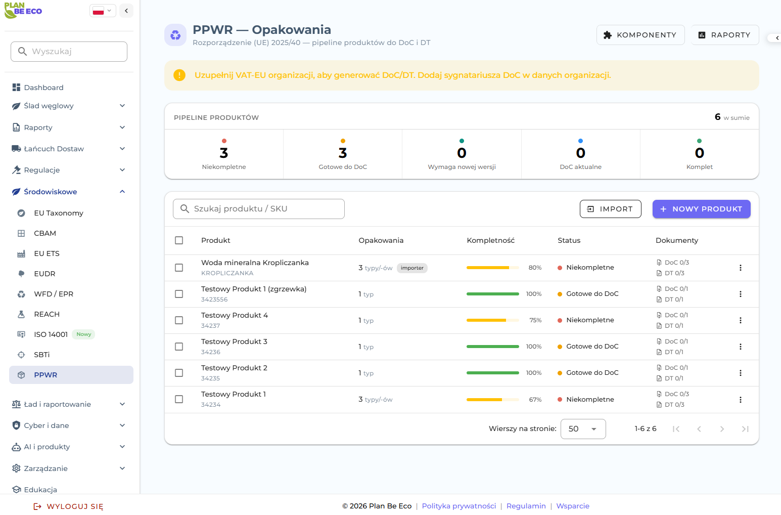 Dashboard PPWR w Plan Be Eco — lista produktów z kompletnością deklaracji (DoC), import i repozytorium dokumentów